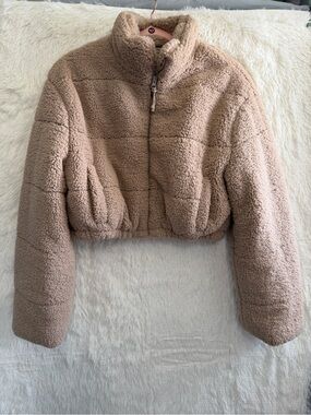 Streetwear Society Womens Teddy Fleece Cropped Puffer Jacket Size XL Y2K Neutral